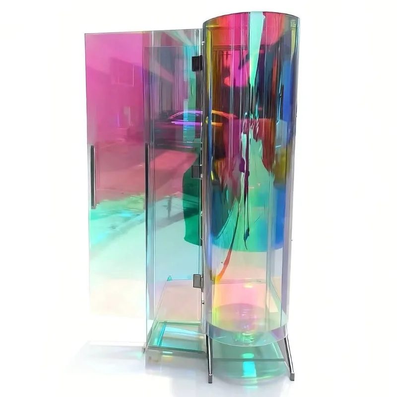 Colorful acrylic round storage cabinet, rainbow holographic effect wardrobe display cabinet, colorful color-changing effect
