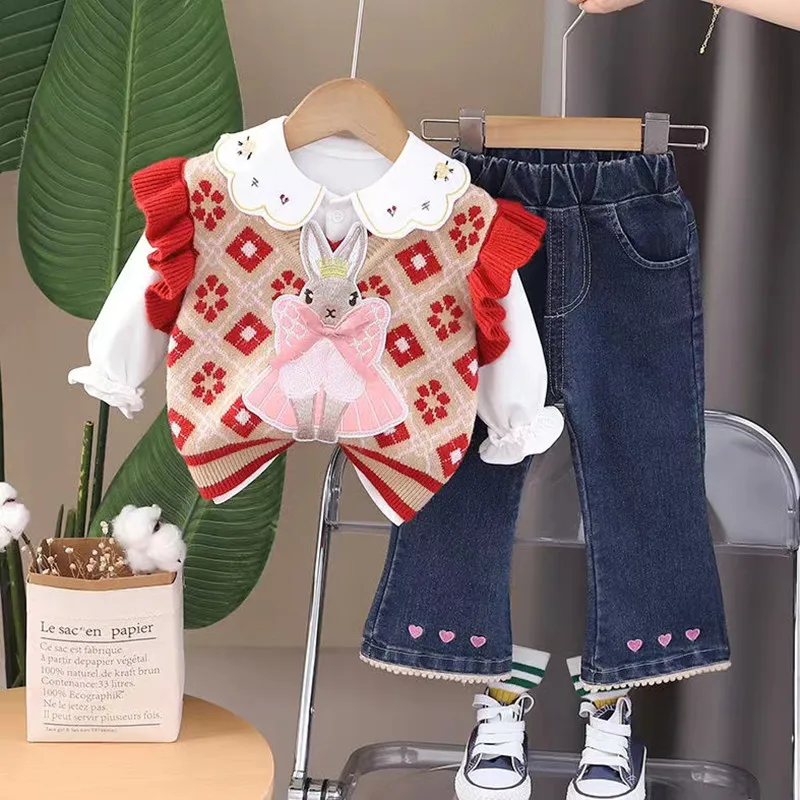 Girls Spring Set Baby Autumn Clothing Children\'s Fashionable Bell Pants Women\'s Spring and Autumn Korean Edition Three Piece Set