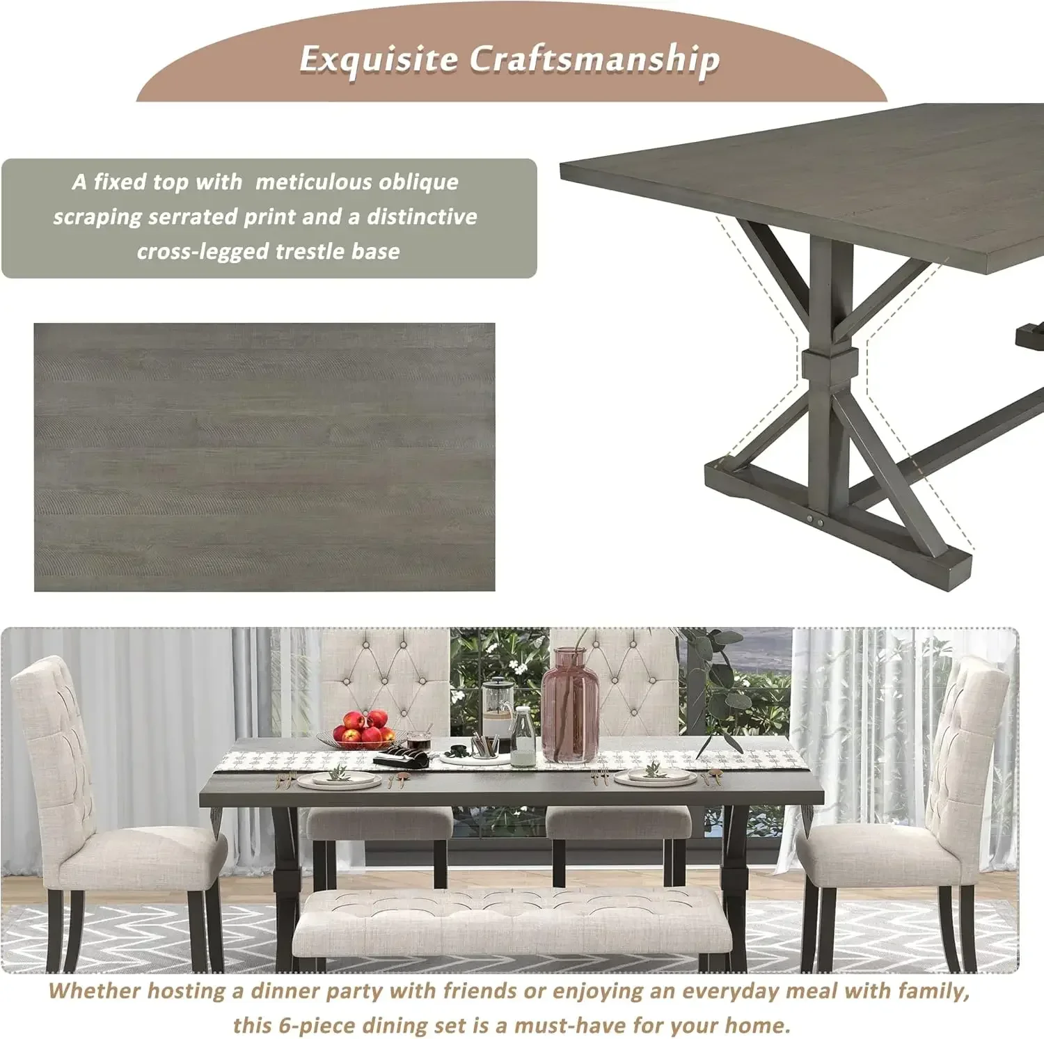 Conjunto de mesa de jantar de cozinha de 6 peças, mesa retangular de madeira de 72 polegadas com 4 cadeiras estofadas e um banco, conjunto de mesa de sala de jantar