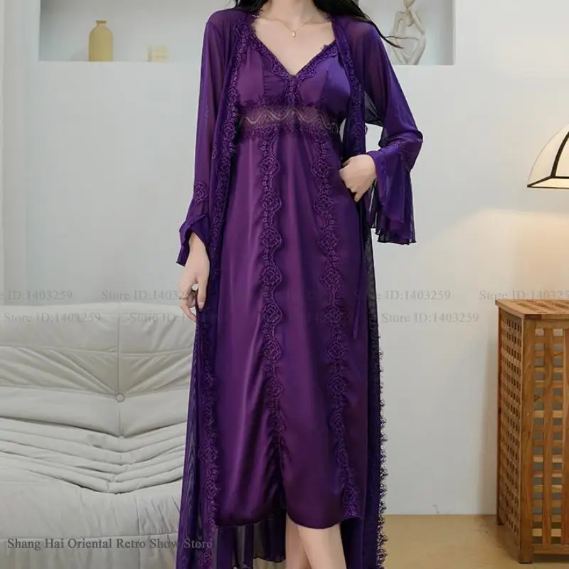 女性ロング Twinset ローブセットドレスセクシーなパッチワークレースサスペンダーネグリジェ親密なランジェリー新しいアイスシルクパジャマホームウェア