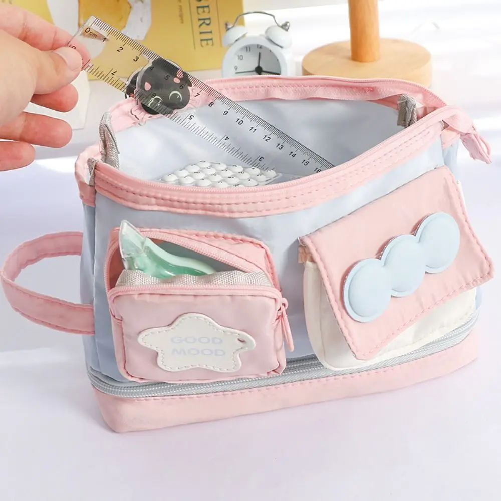 New Contrast Color Pen Bag Zipper Design Handheld Pencil Case Large Capacity Stationery Storing Bag Students
