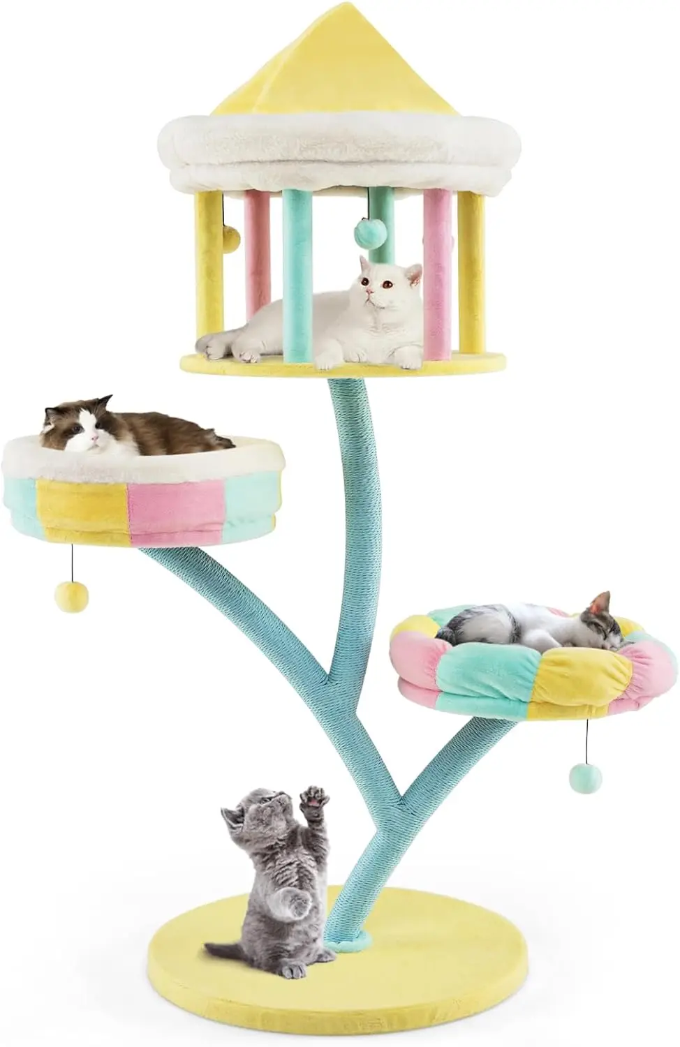 

57.5 inch Tall Cute Cat Tree Tower, Cat Tower with Paper Rope Scratching Posts, Top Open-plan Condo, 2 Side Removable