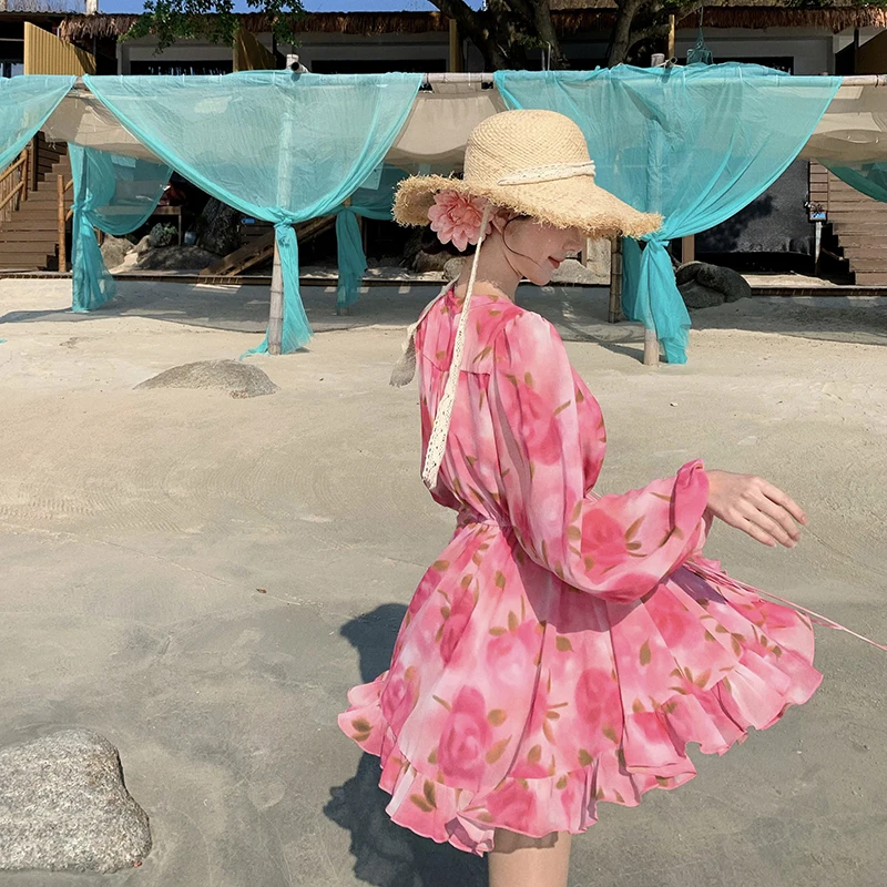 Retro Lace Trim Pink Lantern Sve Floral Waist Cinched ort Skirt Beach Vaion Chiffon Dr Women's Faion Summer 2025