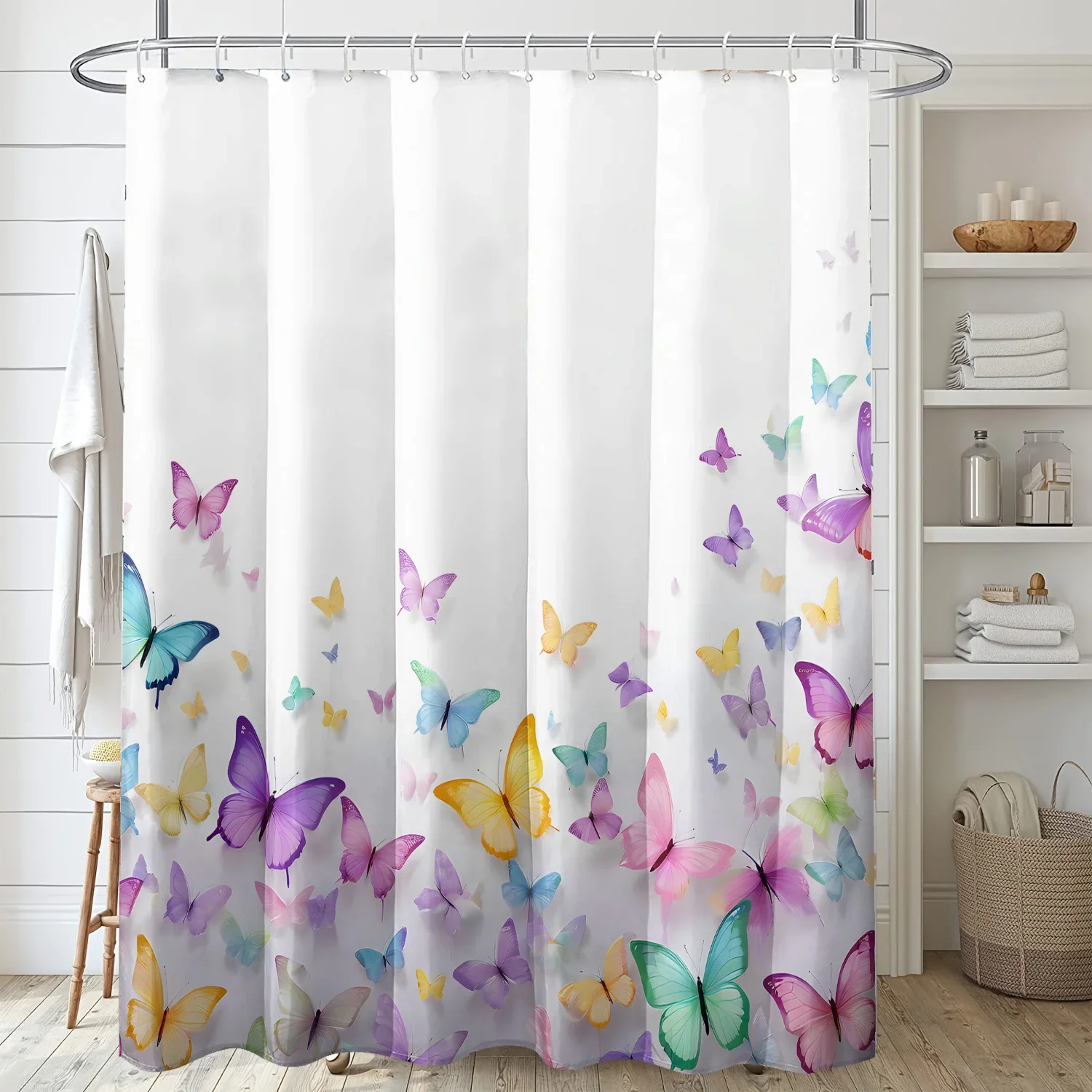 

1pc Polyester Shower Curtain - Vibrant Butterfly Pattern on White, Machine Washable, Includes Hooks, All-Season Bathroom Decor