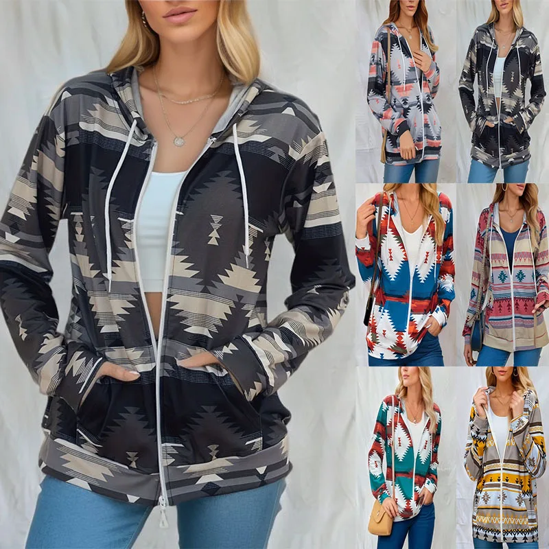 Spring and Autumn New European and American Fashion Casual Geometric Printed Long Sleeve Loose Hooded Pocket Zipper Sweater Card