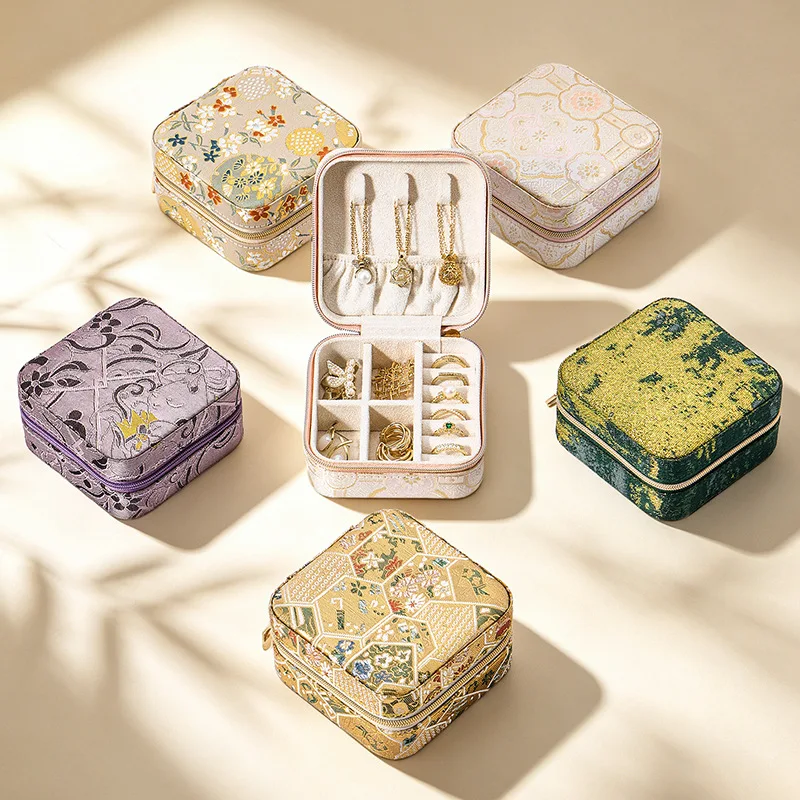 

Retro Jacquard Zipper Jewelry Storage Box Portable Travel Mini Jewelry Organizer Luxury Vintage Earring Necklace Ring Box