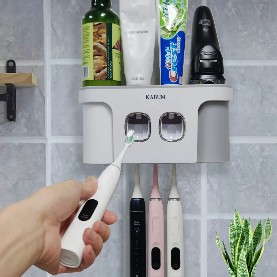 Toothbrush Holder Set Toothpaste Dispenser 2 Mouthwash Cups for Bathroom Accessories Set Family Automatic Toothpaste Squeezer