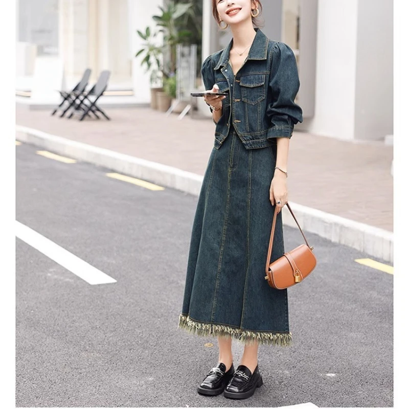 Autumn Vintage Single Breasted Short Denim Jacket and High Waist Split Skirts Two Piece Set Fashion Elegant Outfits for Women