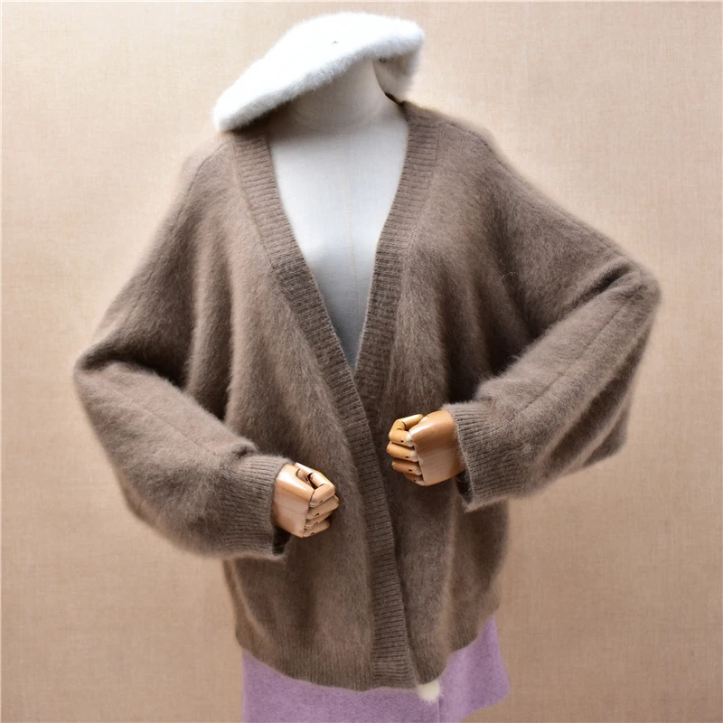 

Women Mujer Autumn Winter Clothing Hairy Plush Mink Cashmere Knitted V-Neck Long Sleeves Loose Cardigans Angora Sweater Jacket