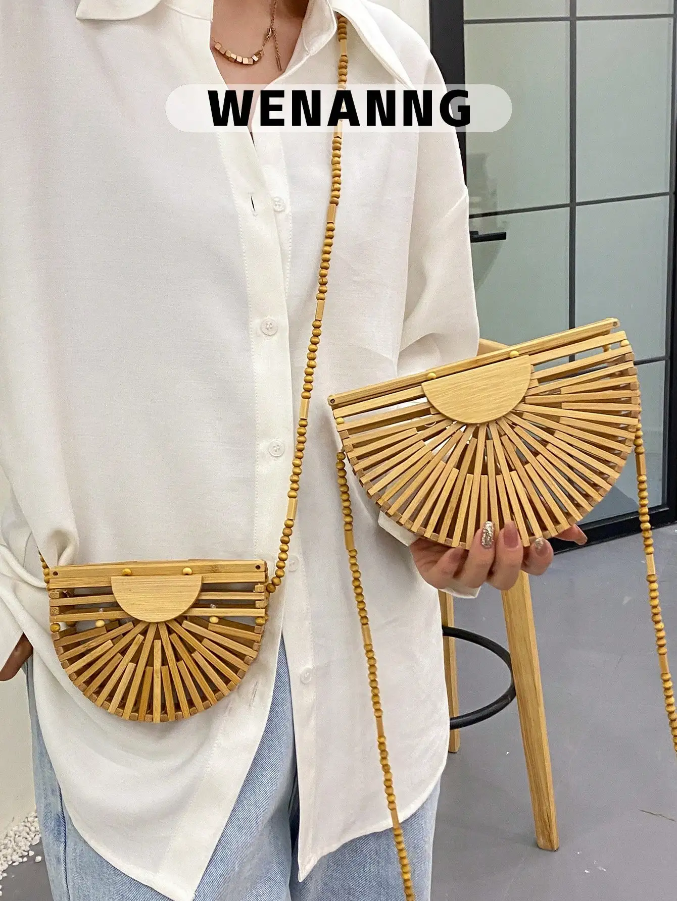 

Half Moon Bamboo Crossbody Bag for Women - Woven Fan Design Summer Beach Mini Purse