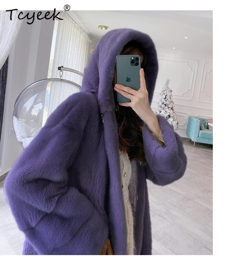معطف فرو المنك الطبيعي من Tcyeek ملابس شتوية للنساء 2025 سترة من فرو المنك الحقيقي بغطاء للرأس معاطف نسائية جديدة في معاطف شوبانا Жеenca