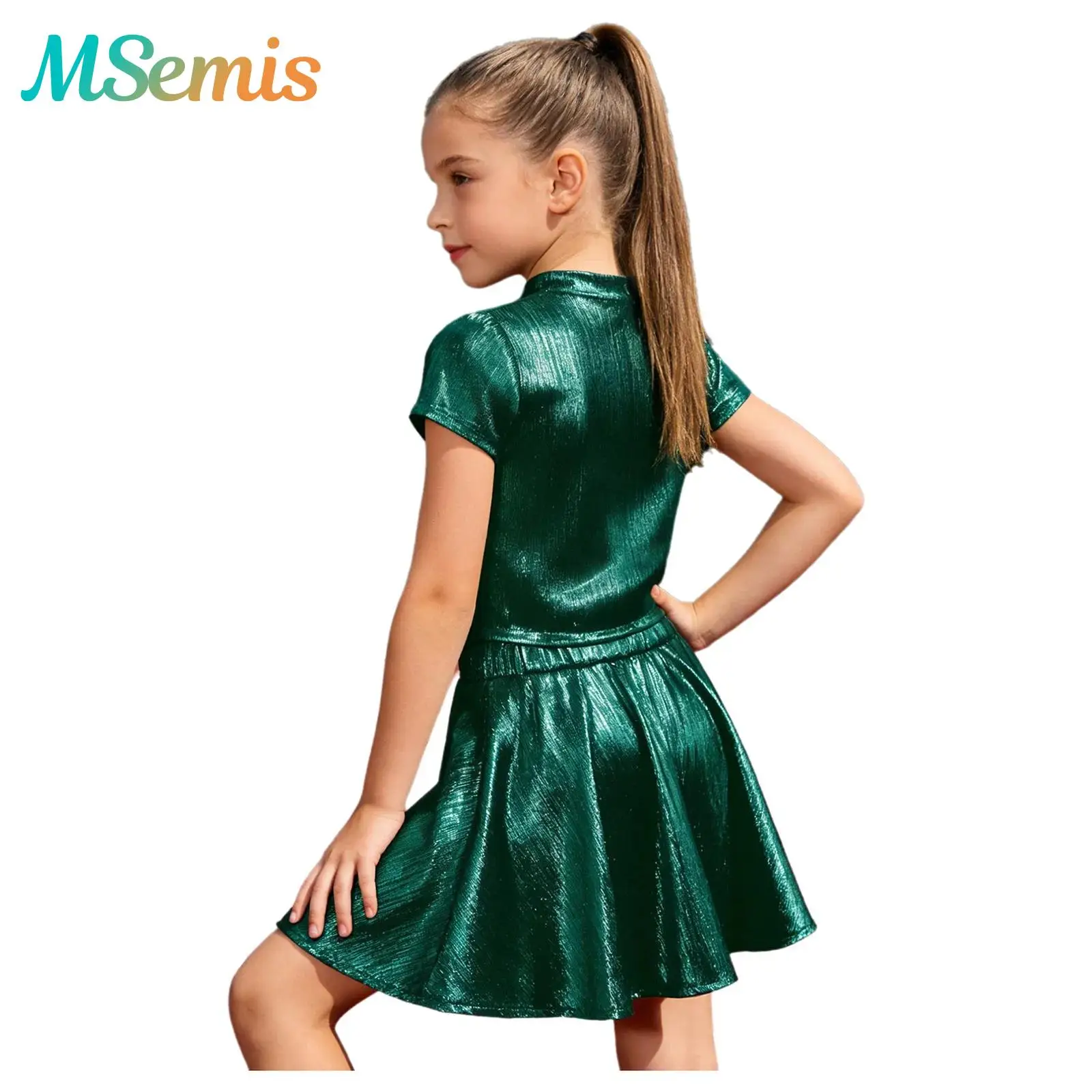 

Kids Girls Hip Hop Jazz Dance Performance Cheerleading Costume Metallic Ribbed Dance Outfit Short-sleeve T-shirt with Skirt