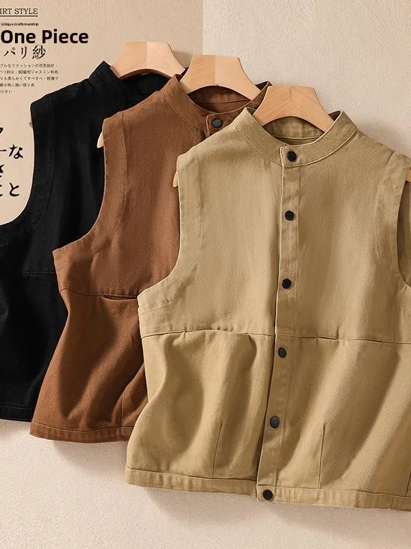 

Хлопковый жилет из саржи в стиле ретро, длина на пуговицах, кардиган, дэт, повседневный свободный крой, повседневная одежда, весенний сезон