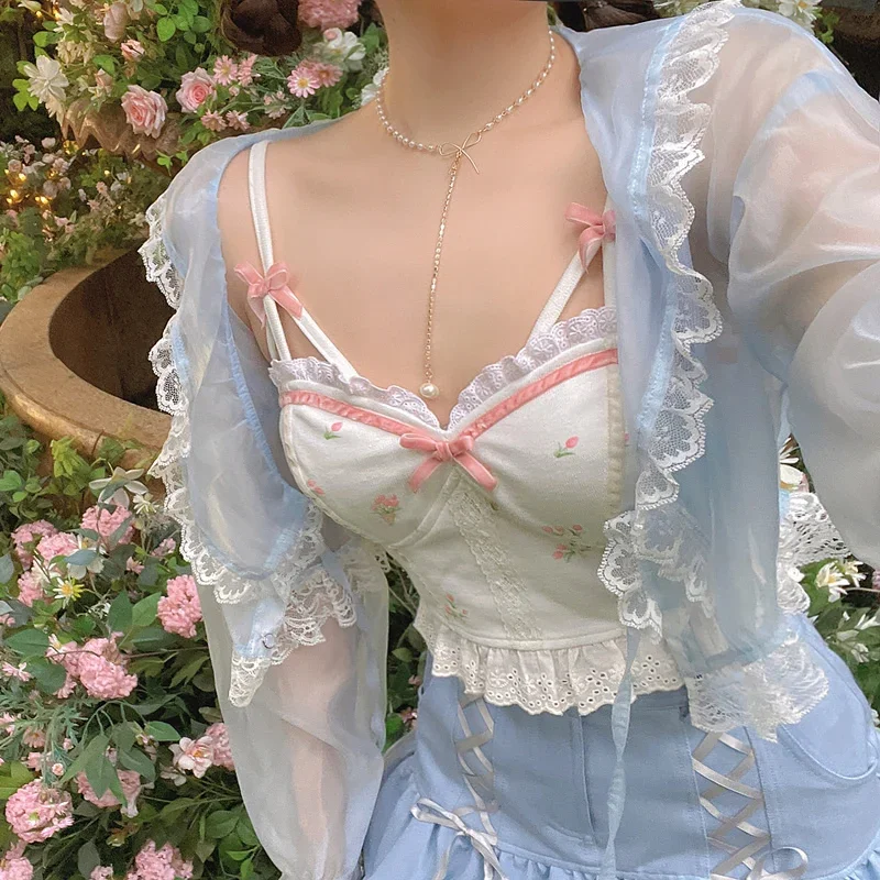 

White Backless Sexy Beach Sweet Cute Camis Women 2025 Summer Floral Kawaii Halter Tops Lace Print Party Korean Fashion Clothing