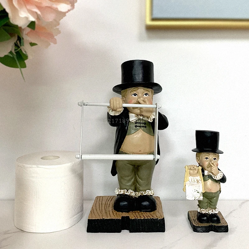 

Creative Toilet Paper Holder Statue Funny Decorative Resin Figure Cute Butler Shape Tissue Stand Rack Sculpture Toilet Decor