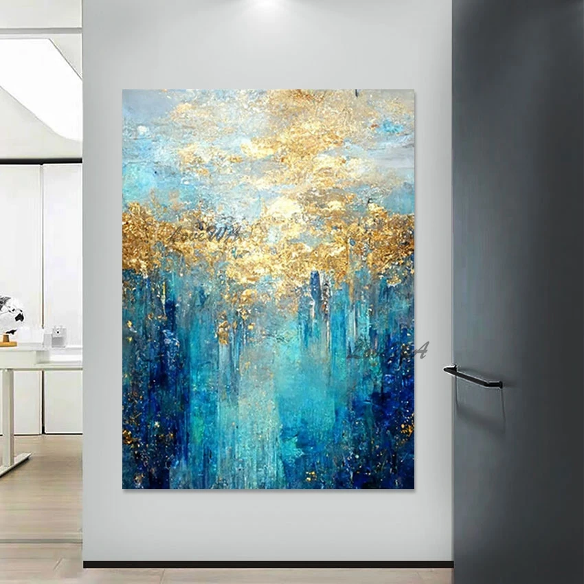 

Blue Acrylic Design Abstract Picture Gold Foil Art Canvas Oil Painting Contemporary Handmade Artwork Decorative Items For Cafe