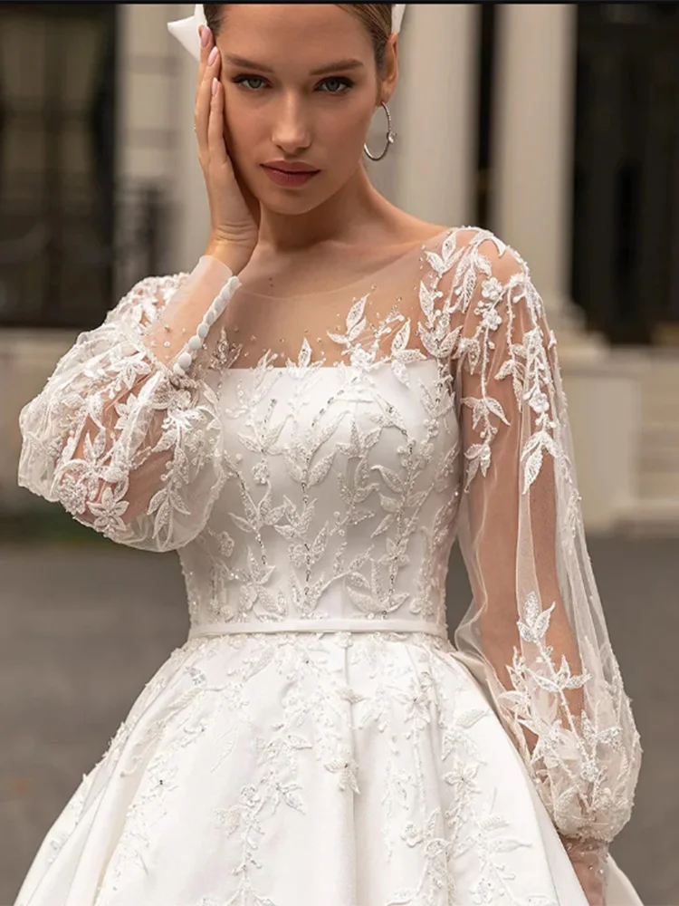 Classic Wedding Dresses Women O-Neck Full Sleeves Bride Dress Satin With Applique Sweep Train A-Line Custom Occasion Gowns