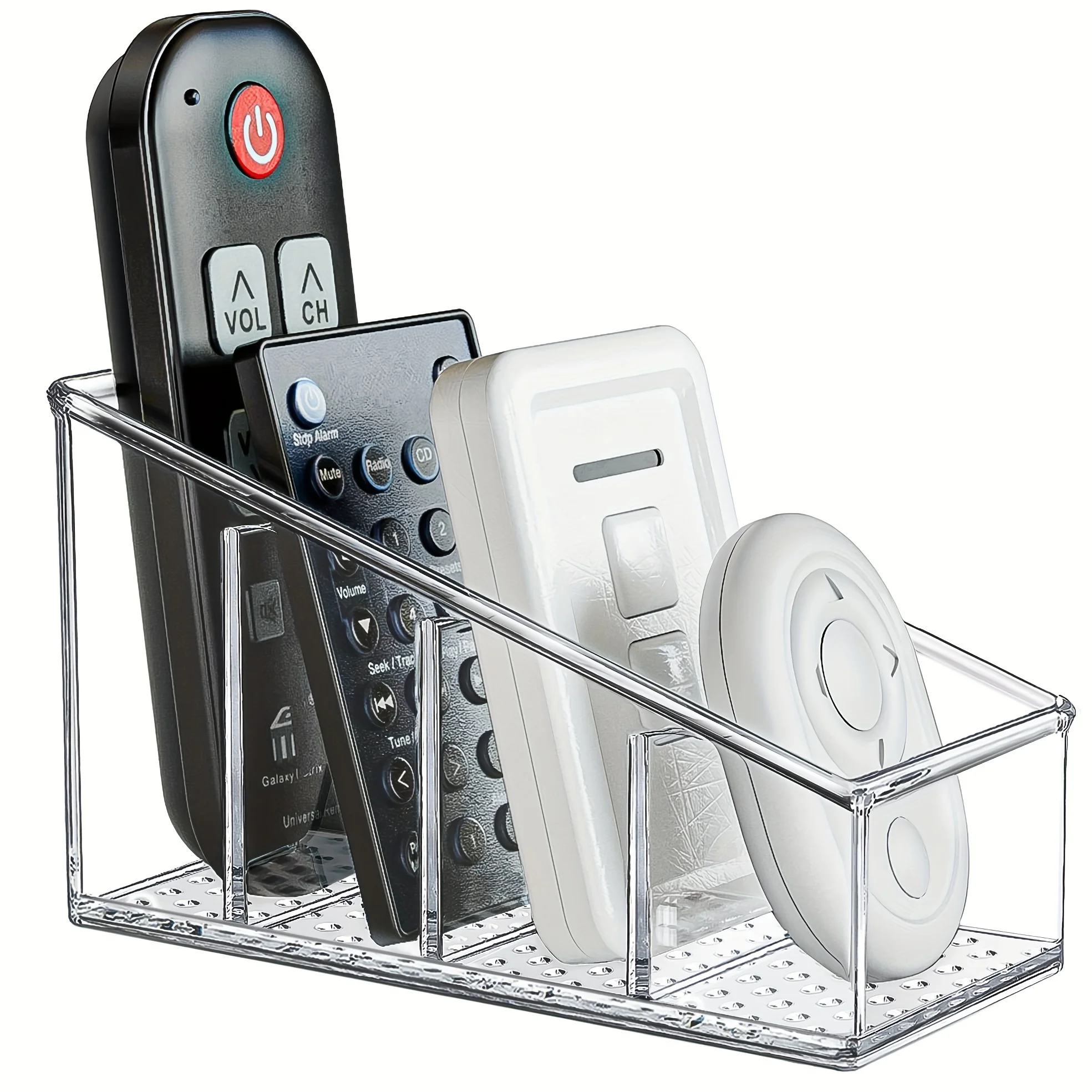 Clear Plastic Remote Control Holder and Desk Organizer with 4 Compartments for Home and Office Use