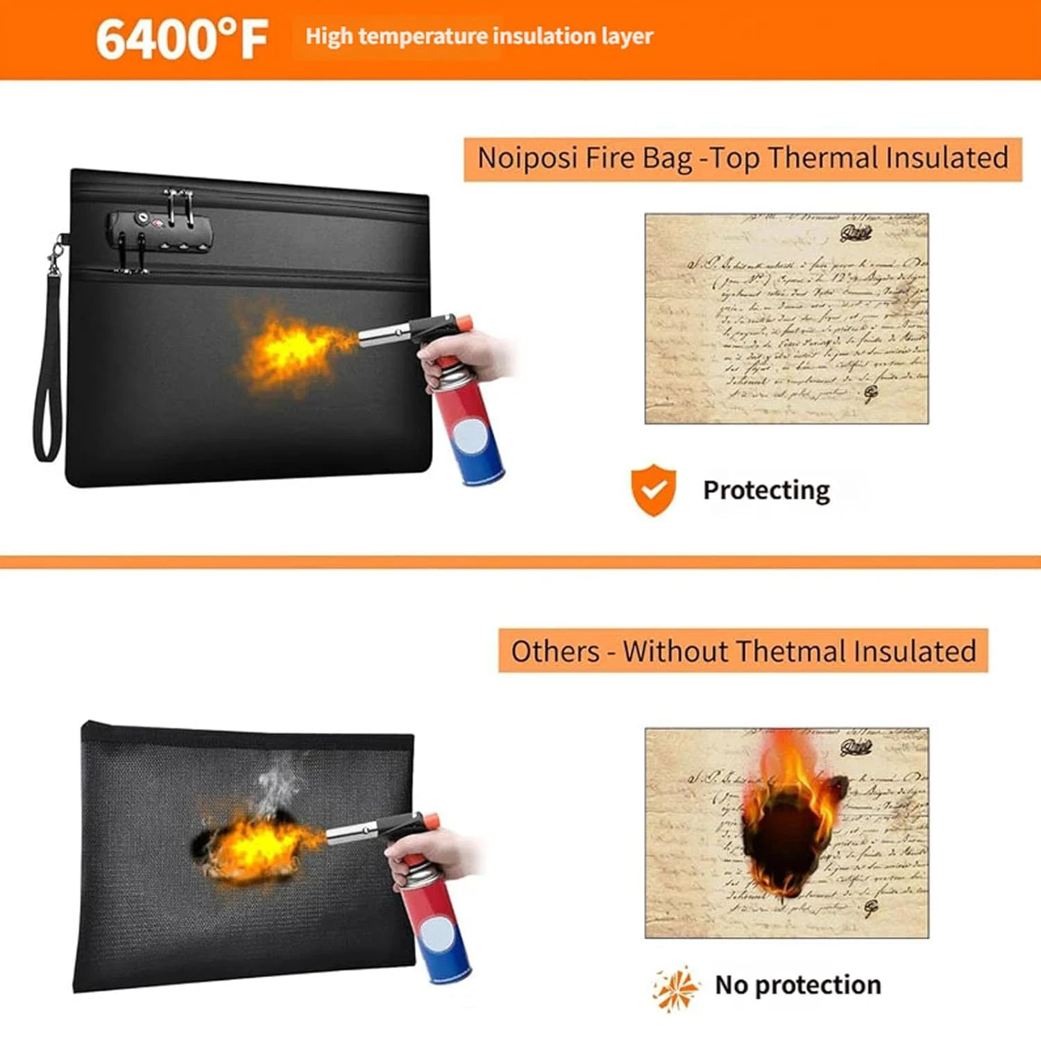 

6400℉ Fireproof Document Bag with Lock Dual-Zip Compartments Fireproof Money Bag 12 Layers Heat Insulated Fireproof Bag Protect