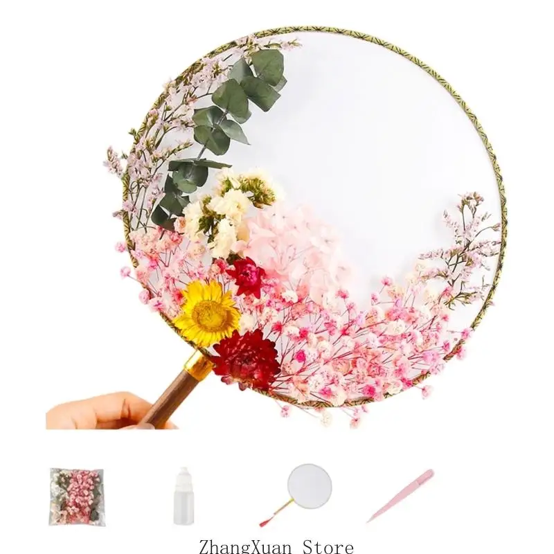 Chinesisches Blumen-Handfächer-Set mit Holzgriff für Regalpräsentation, Raumakzent, beruhigendes Gestalten, Geschenkgebrauch und – Detail 5