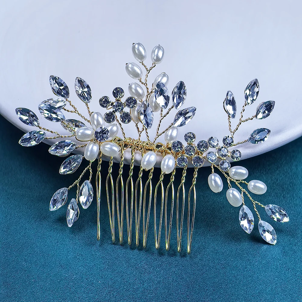 Pente de cabelo para mulheres e meninas, Headwear nupcial pérola, ornamento de cabelo nupcial strass, ornamento lateral, ouro