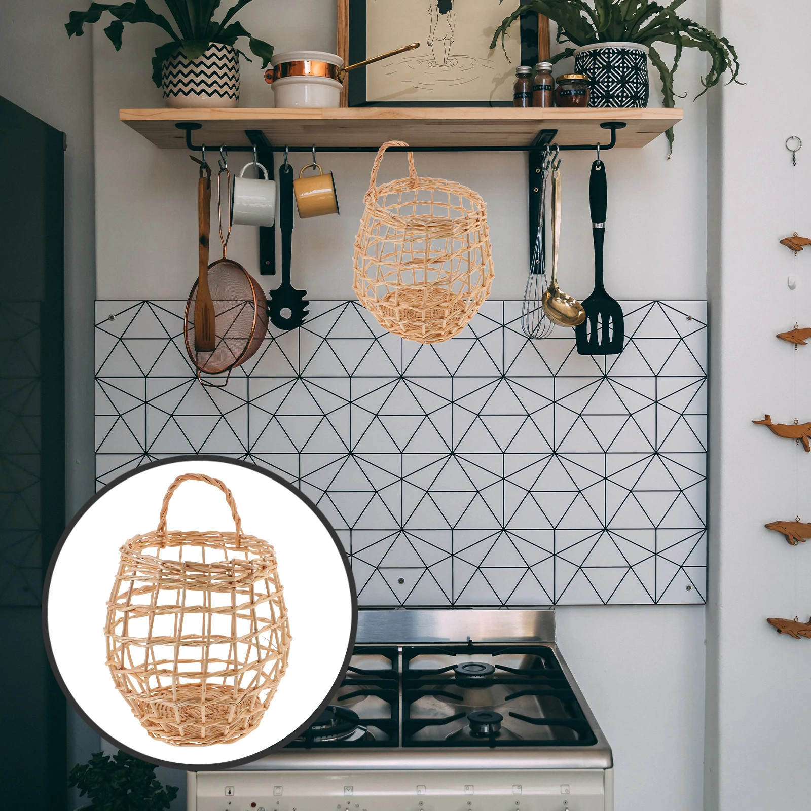 

Rattan Storage Baskets Handmade Woven Hanging Kitchen Accessories Organizer Wall Mount Decorative Spice Container