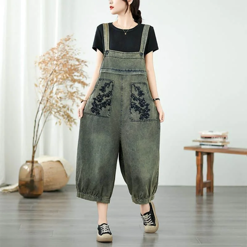 Denim Jumpsuits for Women Korean Style Rompers Vintage Playsuits Embroidery Harem Pants Casual Overalls One Piece Outfit Women