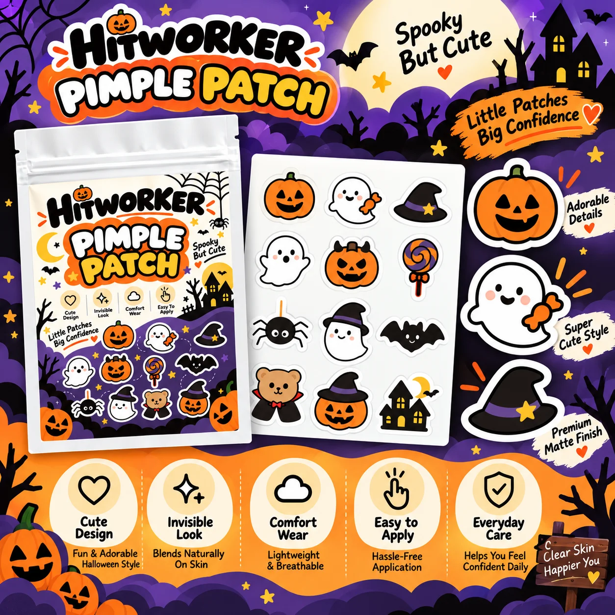Hitworker Halloween Cute Pimple Patches Ghost Pumpkin Bat Hydrocolloid Acne Spot Stickers Gentle Skin Care 48/120PCS view 6