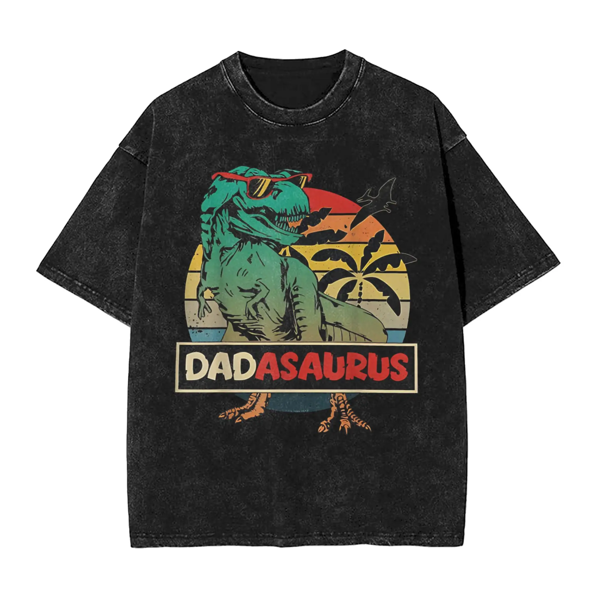 Vintage Mens Matching Family Dadasaurus T-Rex FatherS Day T-Shirt Men Round Collar Pure Cotton Washed T Shirts Plus Size Clothes