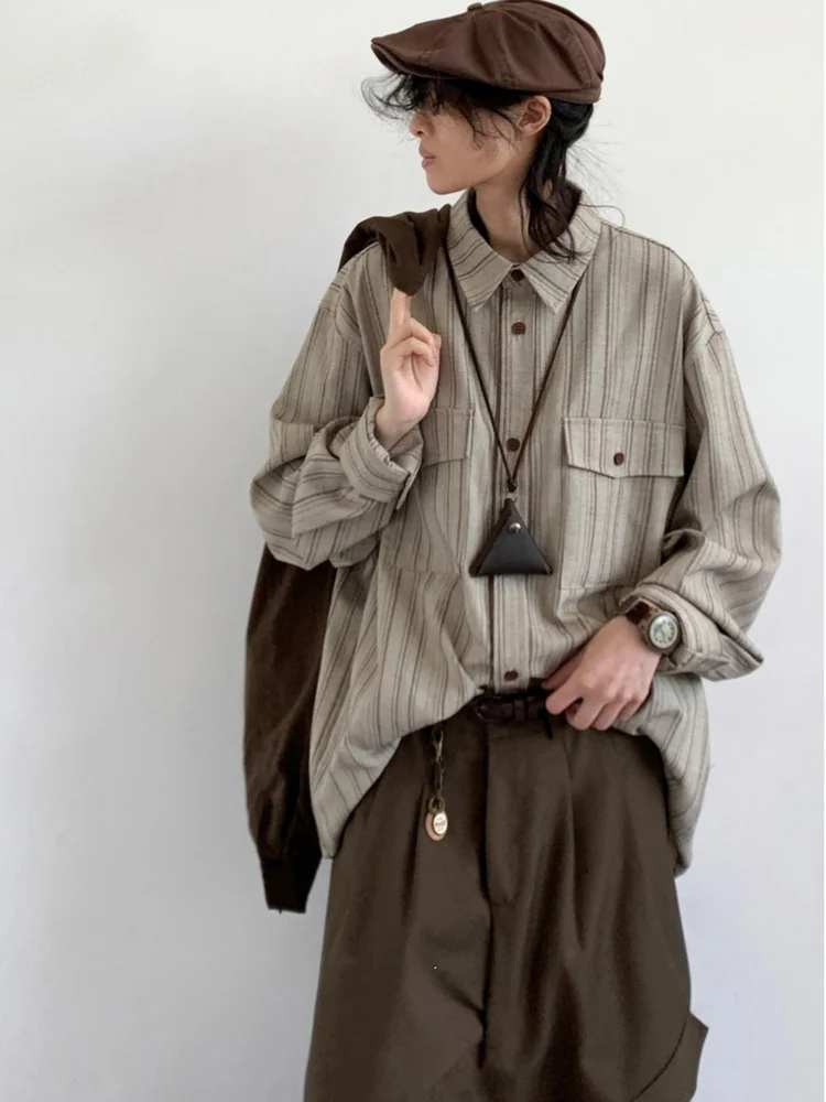 

Свободная длинная рубашка в полоску в винтажном японском стиле, повседневная, для колледжа, нейтральная, рабочая одежда, весна-осень, полиэстер