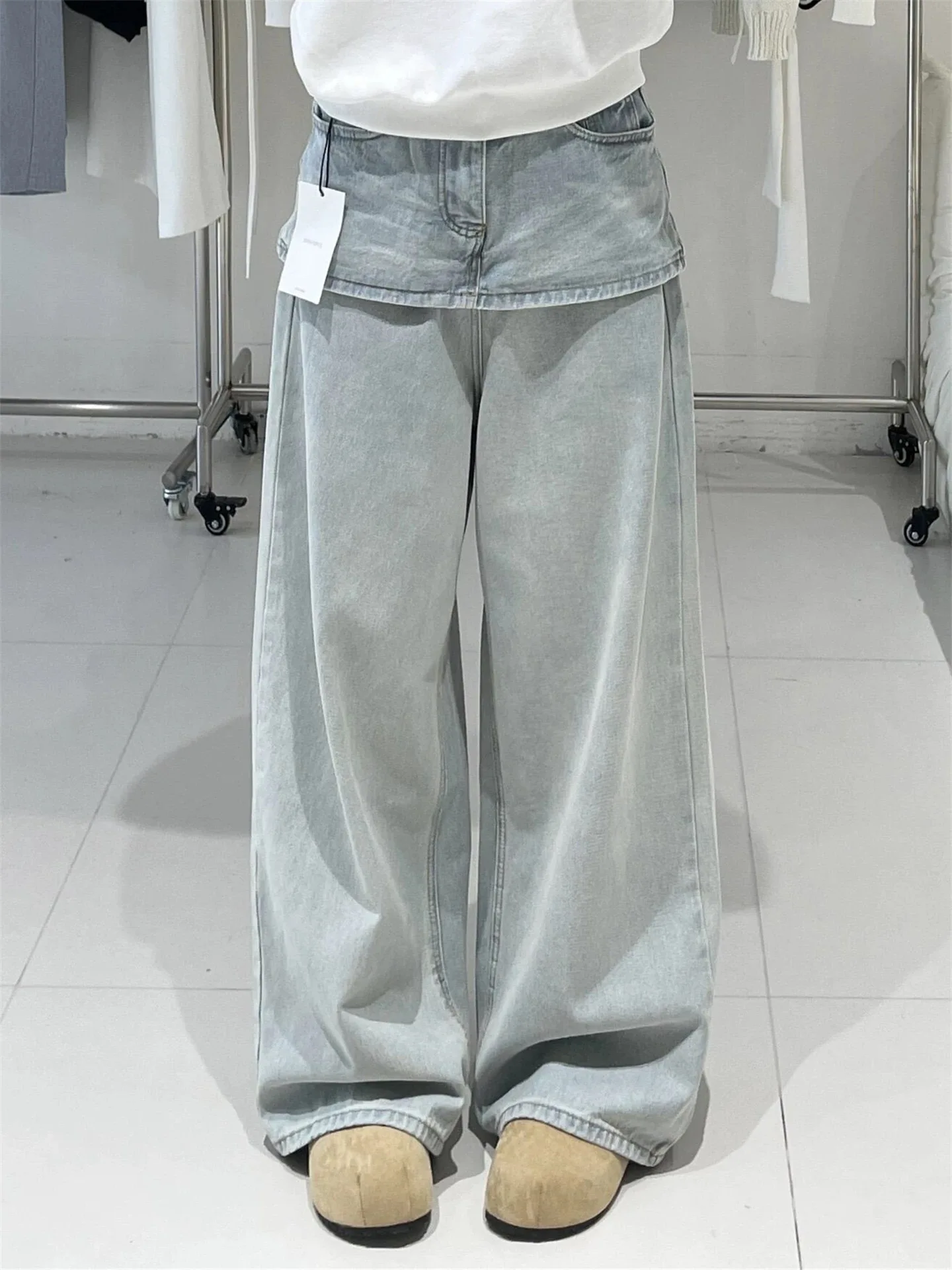 

Y2K широкие джинсы женские корейские ретро искусственные из двух частей с высокой талией свободные прямые брюки осень