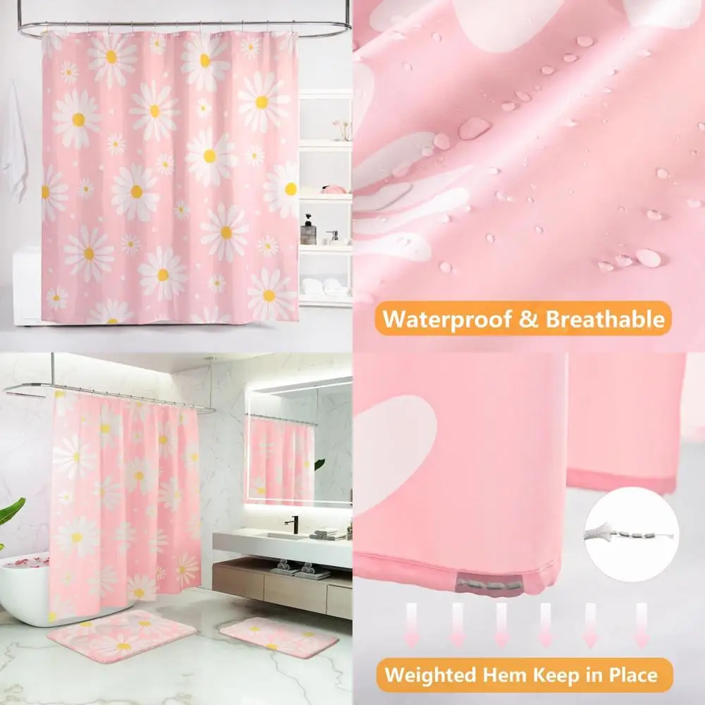 

Набор занавесок для душа с розовым цветочным принтом, занавеска для ванной комнаты с милой ромашкой для девочек, моющиеся водонепроницаемые тканевые занавески для душа с 12 крючками, мод.