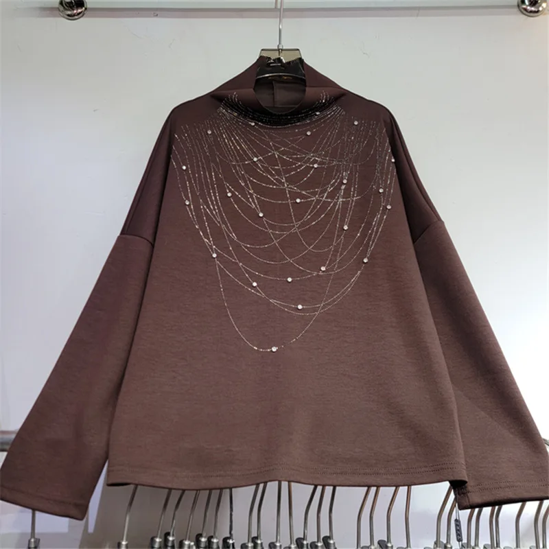 HKSH Women Long Sleeve T-shirt Fashion Stand Collar Diamond Design Trendy Elegant Loose Casual Ins Base Shirt Autumn New HK27488