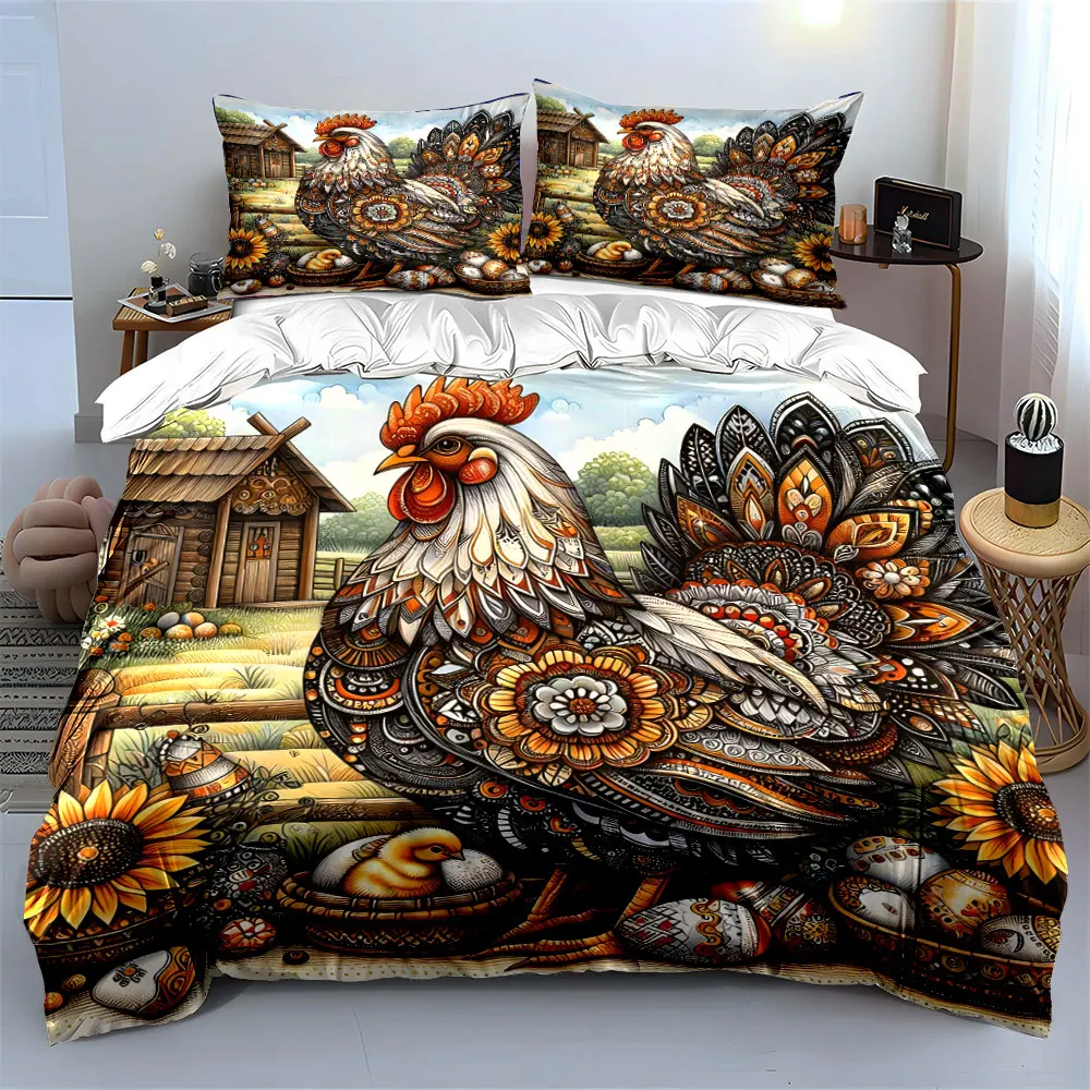 Colorful hen with artistic patterns Print Soft Comfortable Duvet Cover Bedding Set Included 1*Duvet Cover  2*Pillowcases