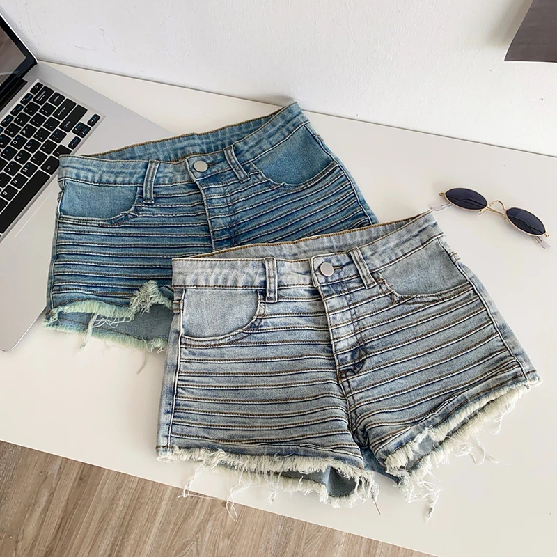 

Spicy girl high waisted striped design denim shorts women's summer A-line holes fashionable and trendy slimming hot pants