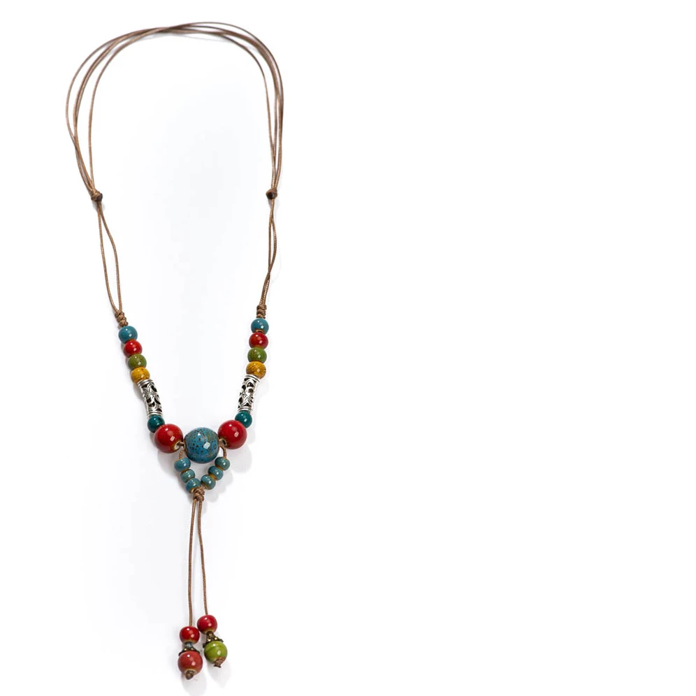 Ceramic Harmony Necklace – Artisan Bohemian Ethnic Turquoise Inlay Multicolor Adjustable Leather Cord Handcrafted X865