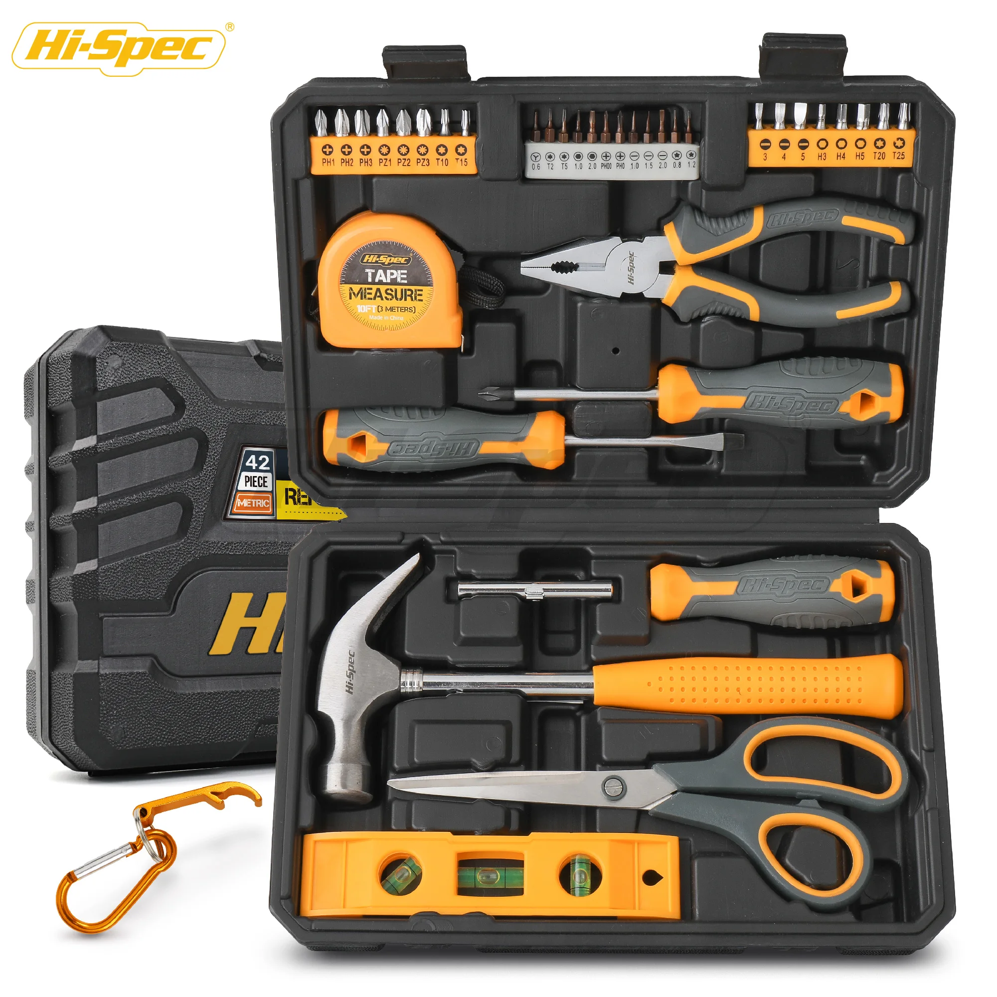 Hi-Spec 38PC Home & Office Tool Set 3mm Tape Measure Claw Hammer Spirit Level Pliers Scissors S2 Driver Bit Set For Repair/DIY