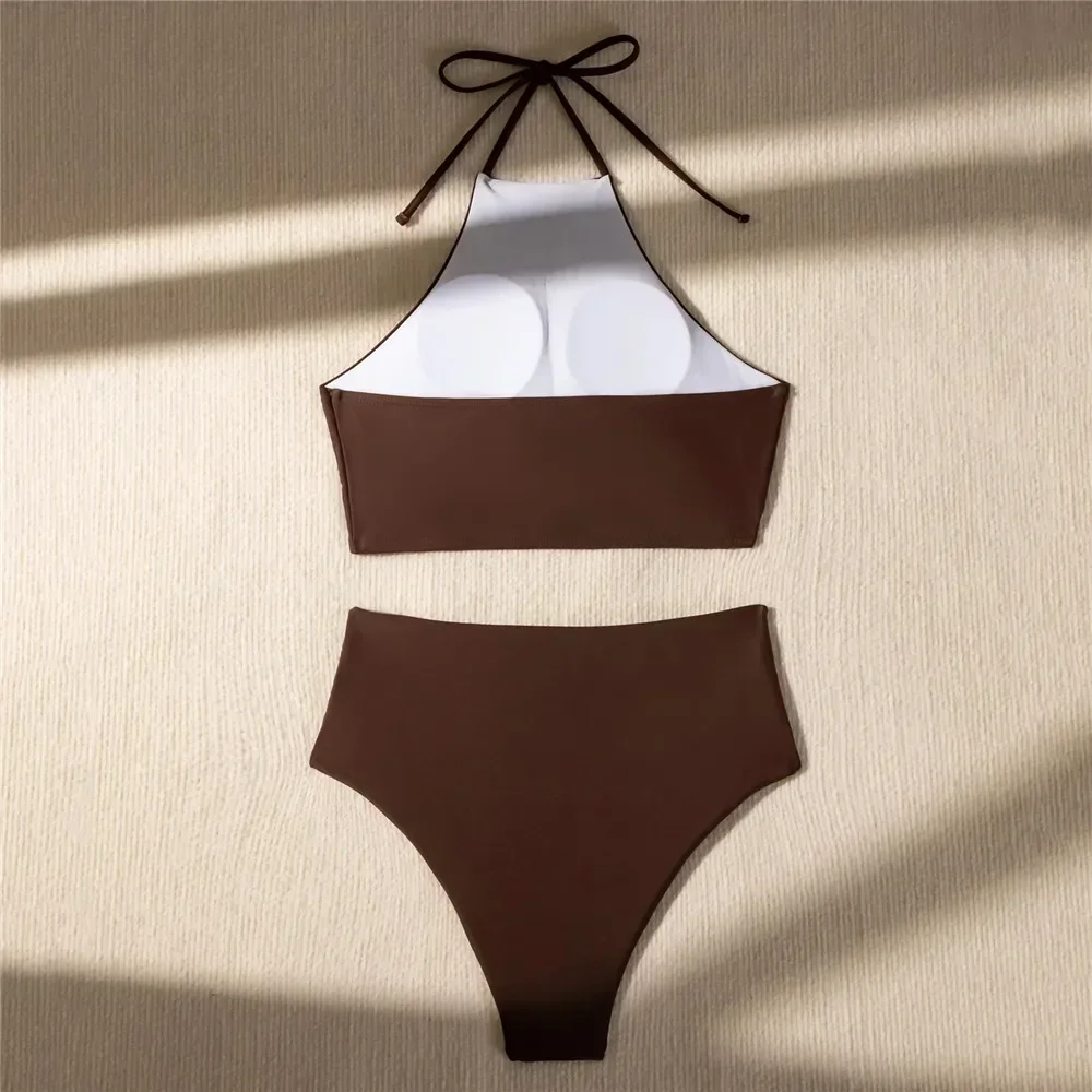 Brązowy zestaw bikini z wysokim stanem Damen Ruched String Halter stroje kąpielowe seksowny strój kąpielowy damski strój kąpielowy brazylijskie