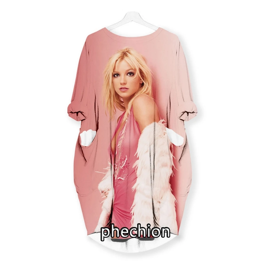 phechion New Fashion Britney Spears 3D Print Dresses Casual Mid-length Dress Women Clothing Pocket Long Sleeve Tops T54