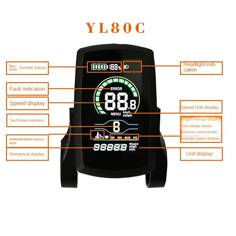 Ebike 36V48V YL80C LCD Meter Intelligent Control Panel Display for Ebike Controller Waterproof Plug Connector