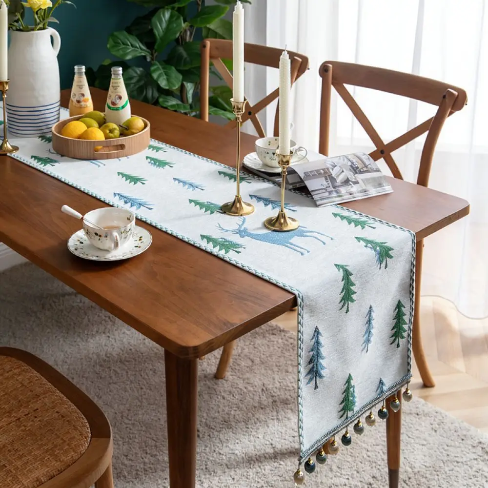 Soft Chenille Table Runner Tassel Embellished Dining Tablecloth Modern Minimalist Style Fabric Desk Cover For Dining Room Decor
