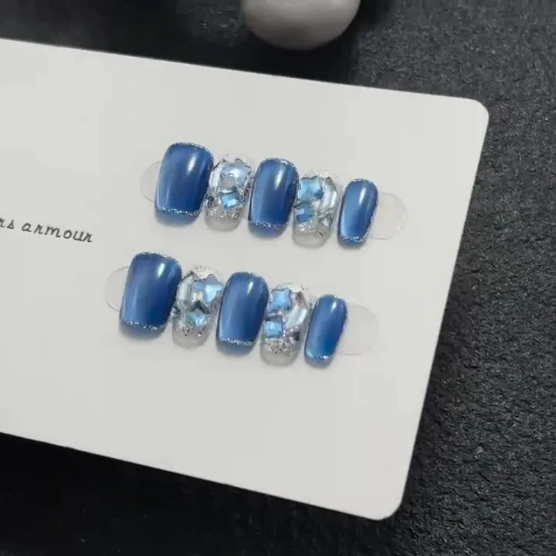 Handmade Press on Nails for Girls Short Woman Square False Nails Set Blue Cat Eye Reusable adhesive Nail Tips with Box and Tools
