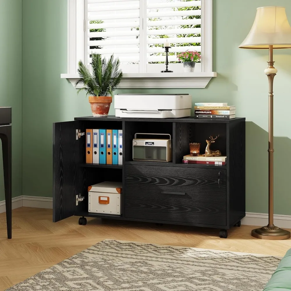 خزانة ملفات مكتب DEVAISE مع قفل، خزانة ملفات جانبية خشبية ذات درج واحد على عجلات، حامل طابعة مع أرفف تخزين مفتوحة f