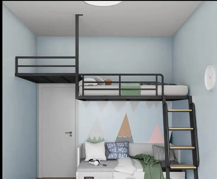 Apartment duplex two-story iron frame bed Iron wrought attic bed elevated bed linen upper storage hanging wall hammock