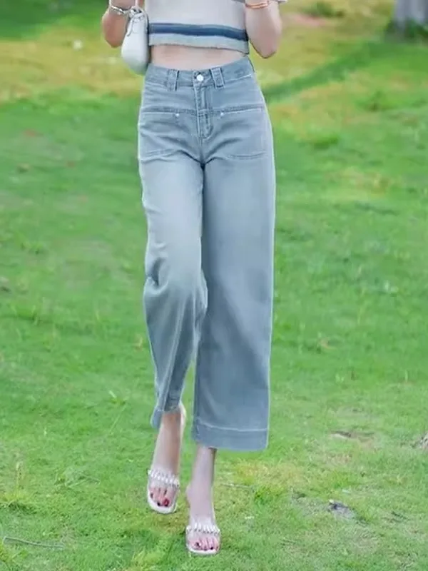 

Летние тонкие широкие мягкие джинсовые джинсы, женские свободные узкие брюки с высокой талией, прямые брюки-трубы с девятью точками