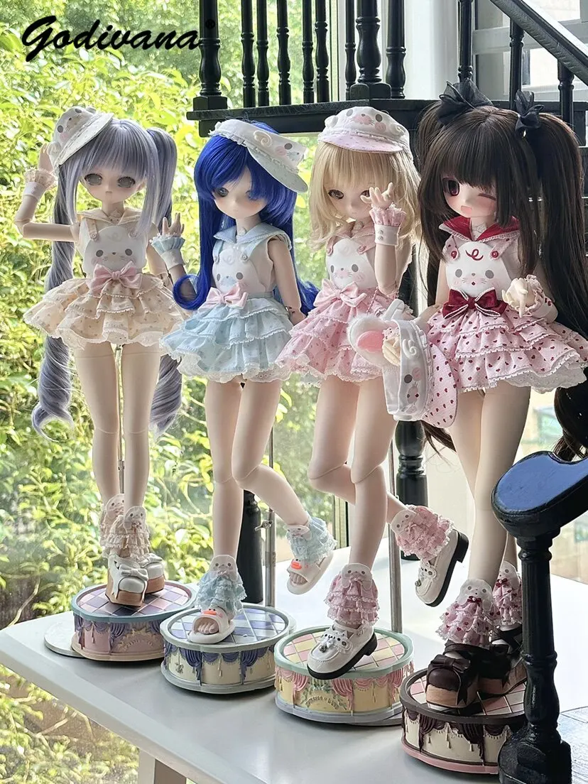 Sweet Kawaii Cat Pattern Doll Dress Set Fit 1/4 BJD Sleeveless Sailor Collar Lace Trim Top and Cake Sundress with Wrist Cuffs