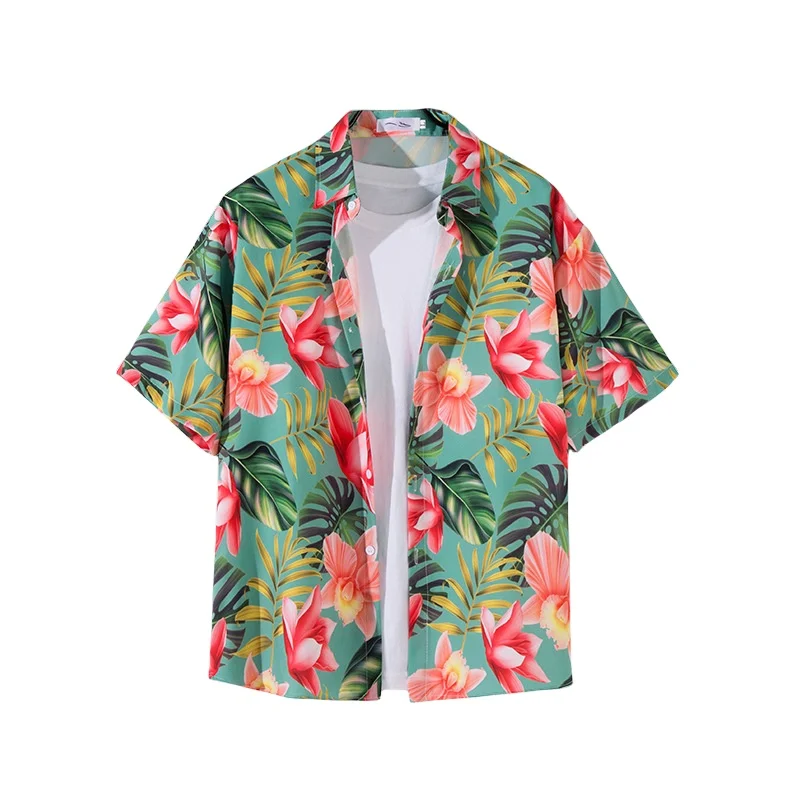 Men's Summer Retro Travel Seaside Vacation Short Sleeve Floral Shirt Loose Casual Handsome Hawaiian Beach Flower Shirt Jacket