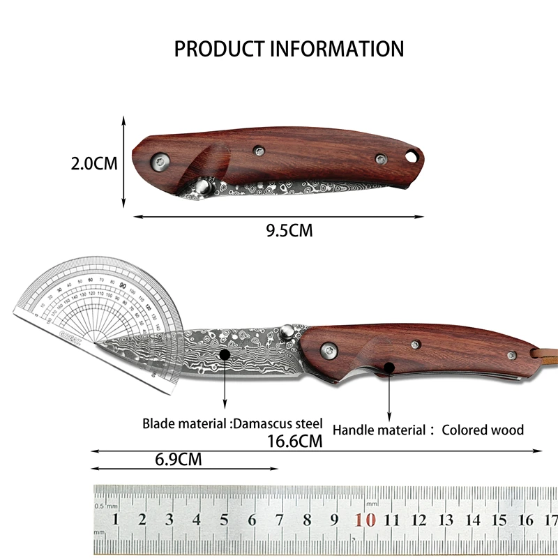 Cardinals Damascus small folding knife, cutting any food with colorful wooden handle, hunting camping tool knife