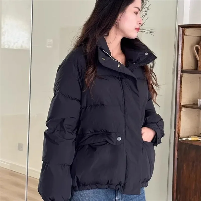 2024 New Korean Women Winter Warm Puffer Jackets Fashion Parkas Stand Collar Zipper Loose Coat Long Sleeve Lightweight Outerwear