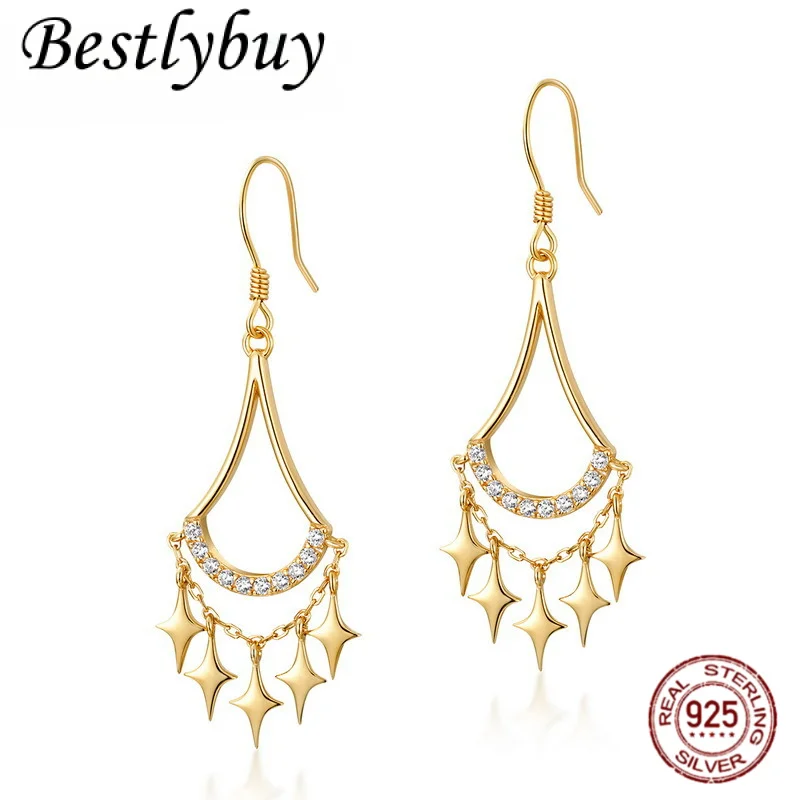 

Japanese Style Light Luxury Tassel Star Earrings 925 Sterling Silver Gold-plated Sparkling Zircon Teardrop Shaped Female Earring